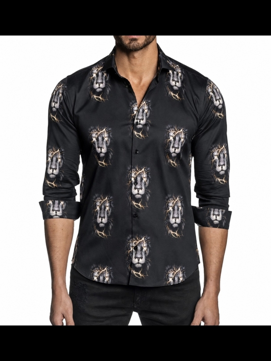 Jared Lang Other - NEW Jared Lang Black Men's Long-Sleeve Lion Animal Print Button-Up Shirt Luxury